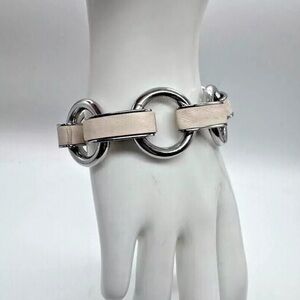 Banana Republic Bracelet Chunky Silver Tone White Leather Wrapped Links Toggle